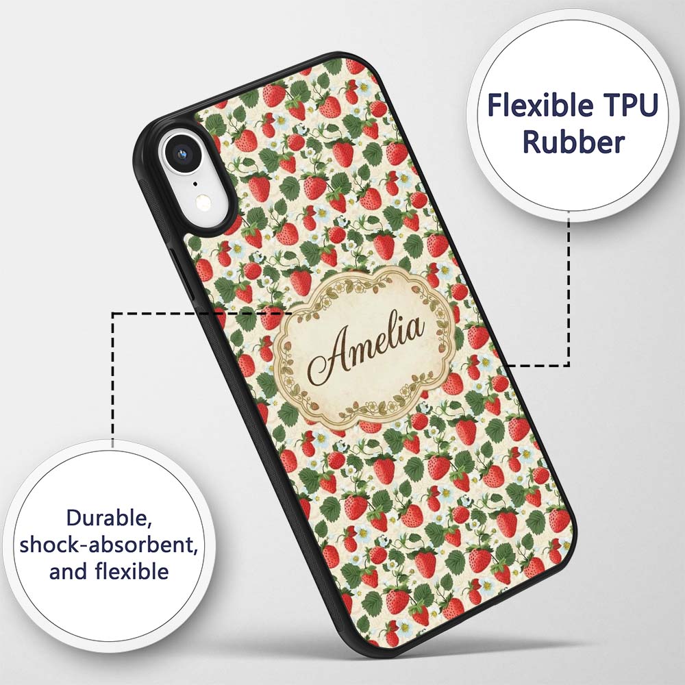 Vintage Strawberries and Floral Garden on Cream Custom Name Protective Phone Case Mobile Cover Durable Everyday Smartphone Shock Resistant
