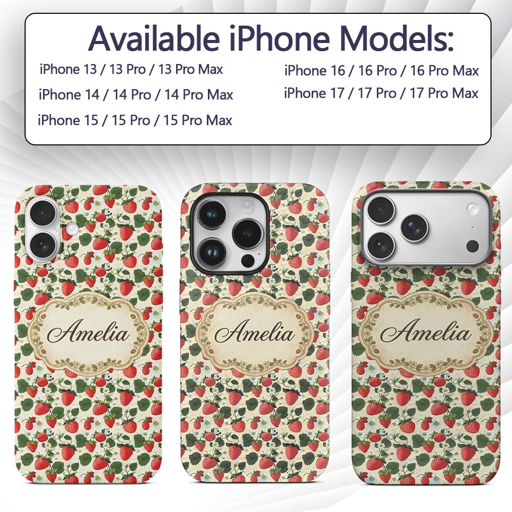 Vintage Strawberries and Floral Garden on Cream Custom Name Protective Phone Case Mobile Cover Durable Everyday Smartphone Shock Resistant