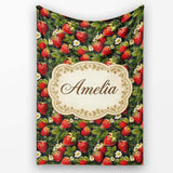 Rich Vintage Strawberries Leaves and Blossoms on Dark Background  Personalised Custom Name Super Soft Fleece Blanket Bed Sofa Throw