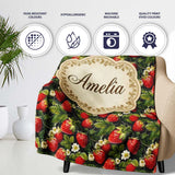 Rich Vintage Strawberries Leaves and Blossoms on Dark Background  Personalised Custom Name Super Soft Fleece Blanket Bed Sofa Throw