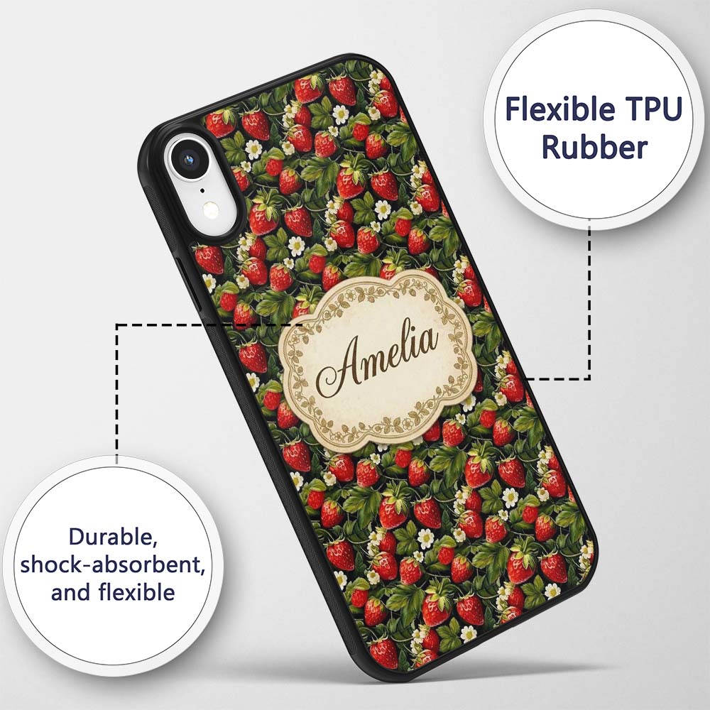 Rich Vintage Strawberries Leaves and Blossoms on Custom Name Protective Phone Case Mobile Cover Durable Everyday Smartphone Shock Resistant