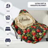 Rich Vintage Strawberries Leaves and Blossoms on Dark Background  Personalised Custom Name Super Soft Fleece Blanket Bed Sofa Throw