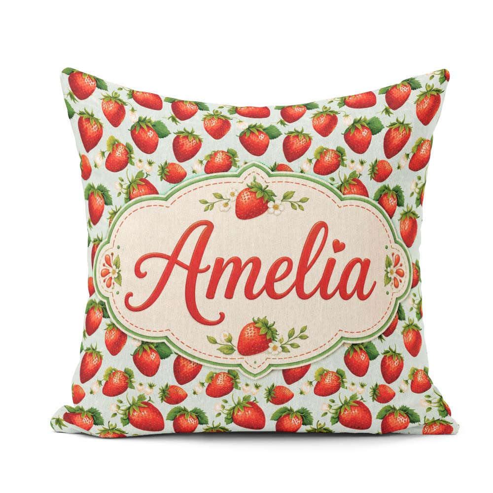 Custom Name Fresh Strawberries and on Soft Sage Green Background Square Filled Cushion Throw Pillow Sofa Bed Home Decor Zip Washable UK Made