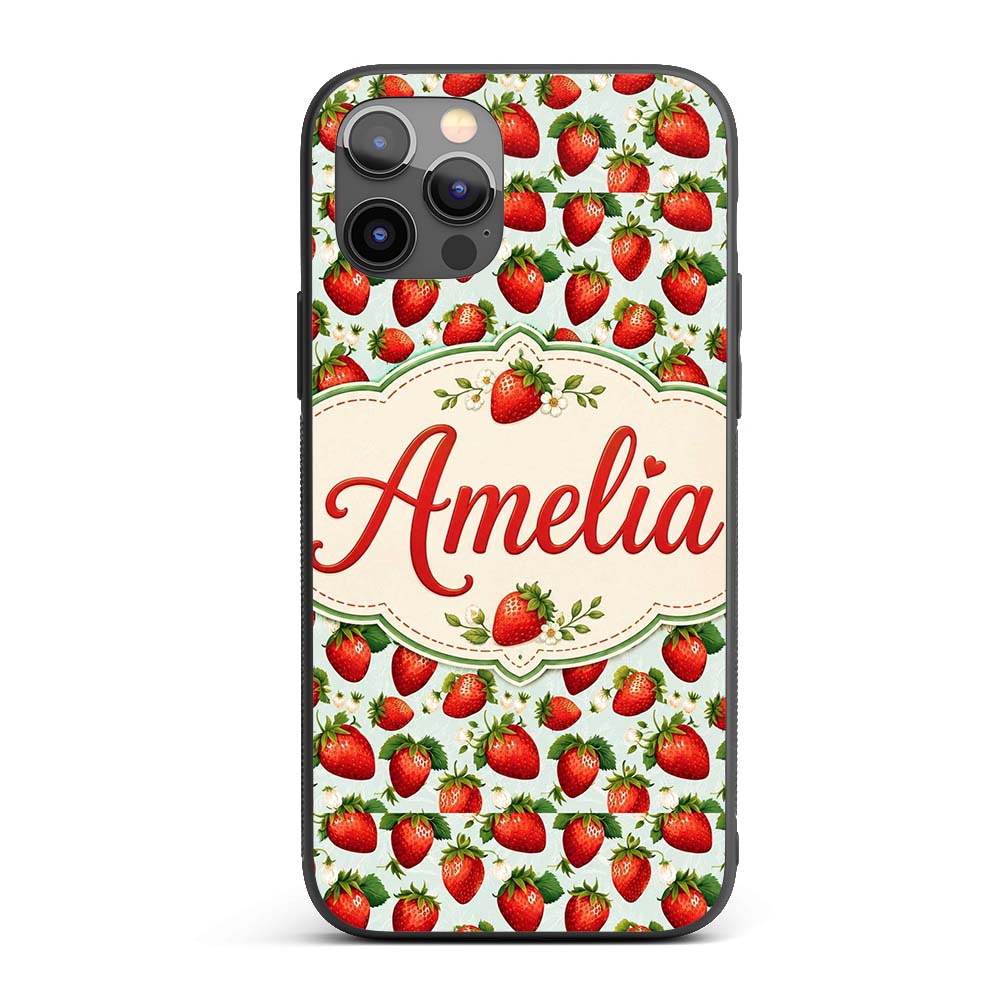 Fresh Strawberries and Leaves on Soft Sage Green Custom Name Protective Phone Case Mobile Cover Durable Everyday Smartphone Shock Resistant