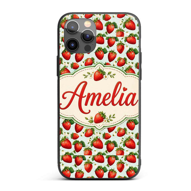 Fresh Strawberries and Leaves on Soft Sage Green Custom Name Protective Phone Case Mobile Cover Durable Everyday Smartphone Shock Resistant
