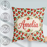 Custom Name Fresh Strawberries and on Soft Sage Green Background Square Filled Cushion Throw Pillow Sofa Bed Home Decor Zip Washable UK Made