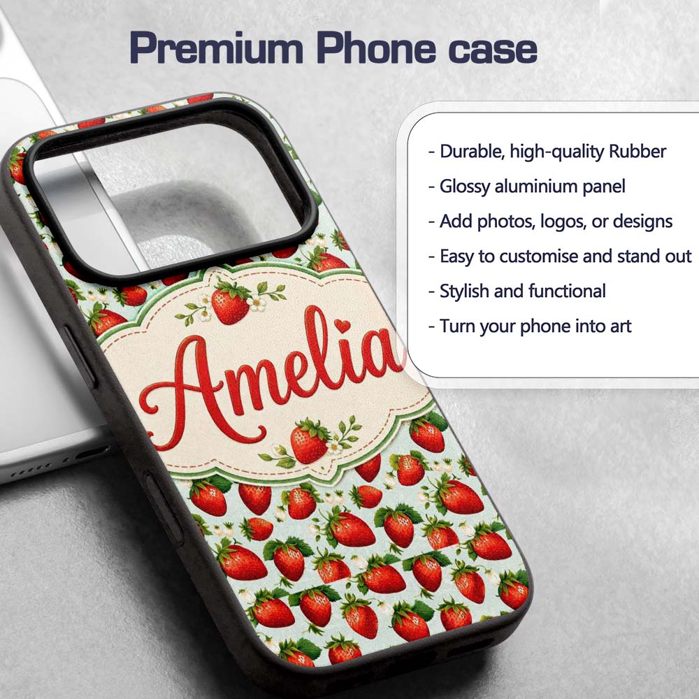 Fresh Strawberries and Leaves on Soft Sage Green Custom Name Protective Phone Case Mobile Cover Durable Everyday Smartphone Shock Resistant