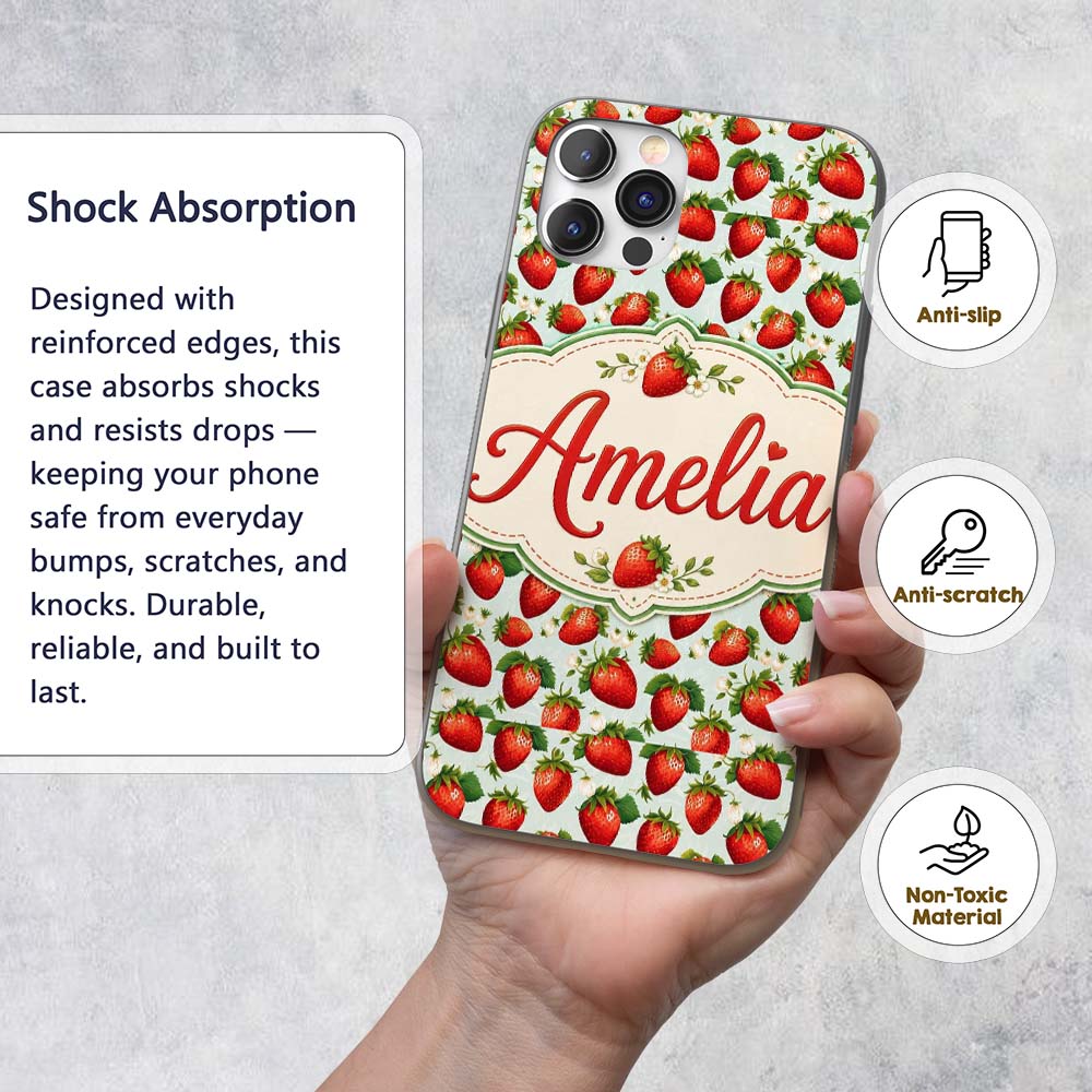 Fresh Strawberries and Leaves on Soft Sage Green Custom Name Protective Phone Case Mobile Cover Durable Everyday Smartphone Shock Resistant