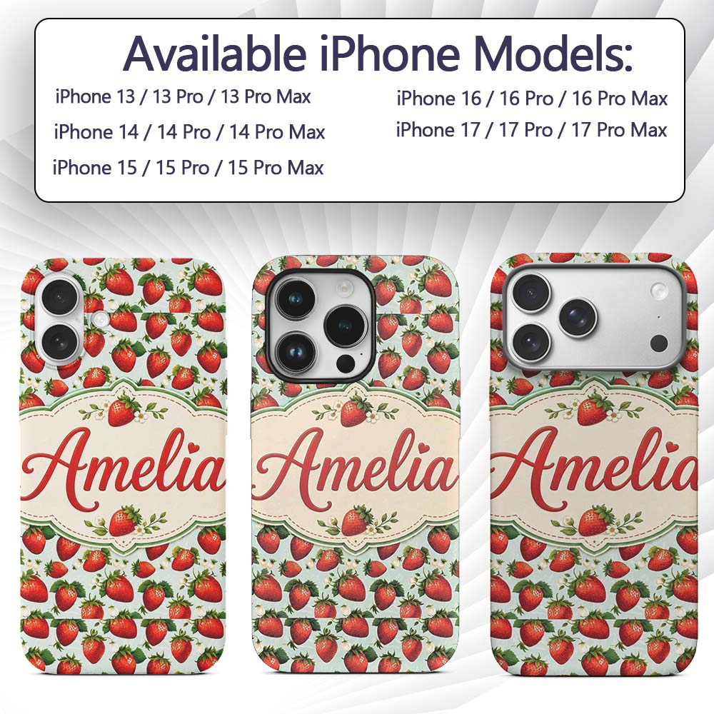 Fresh Strawberries and Leaves on Soft Sage Green Custom Name Protective Phone Case Mobile Cover Durable Everyday Smartphone Shock Resistant