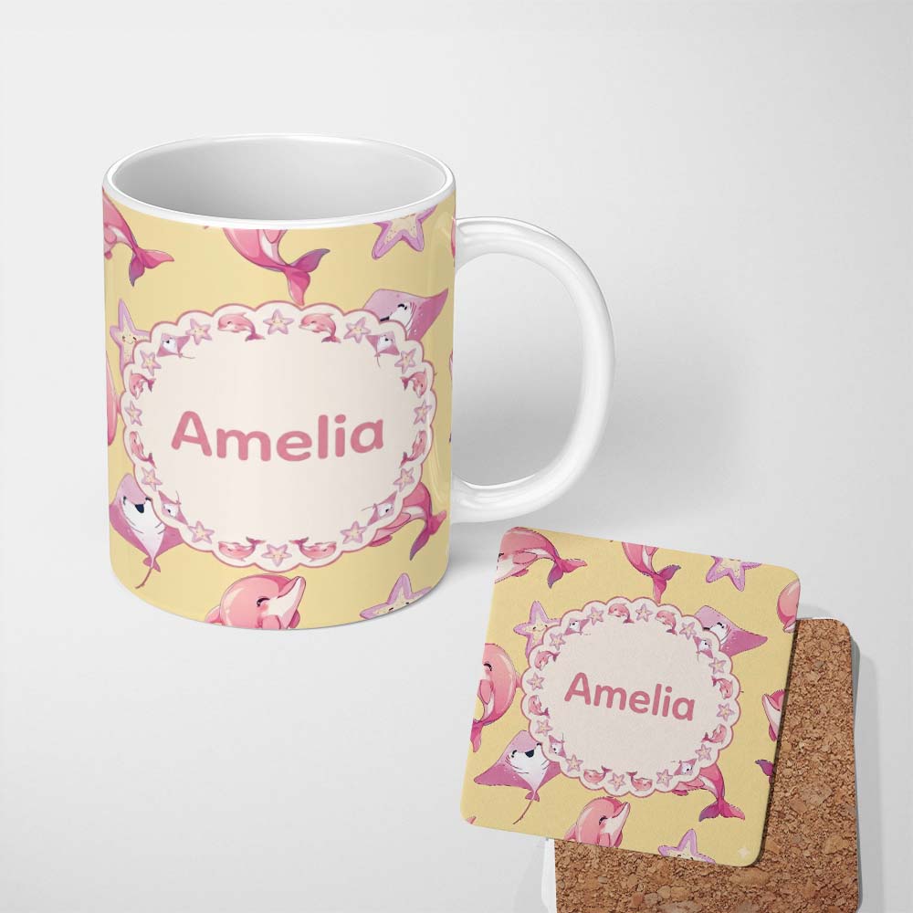 Personalized Custom Name Cute Pink Dolphin Stingray Starfish Ocean Creatures Yellow Lovely 11oz Ceramic Coffee Tea Mug White Large Handle