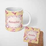 Personalized Custom Name Cute Pink Dolphin Stingray Starfish Ocean Creatures Yellow Lovely 11oz Ceramic Coffee Tea Mug White Large Handle