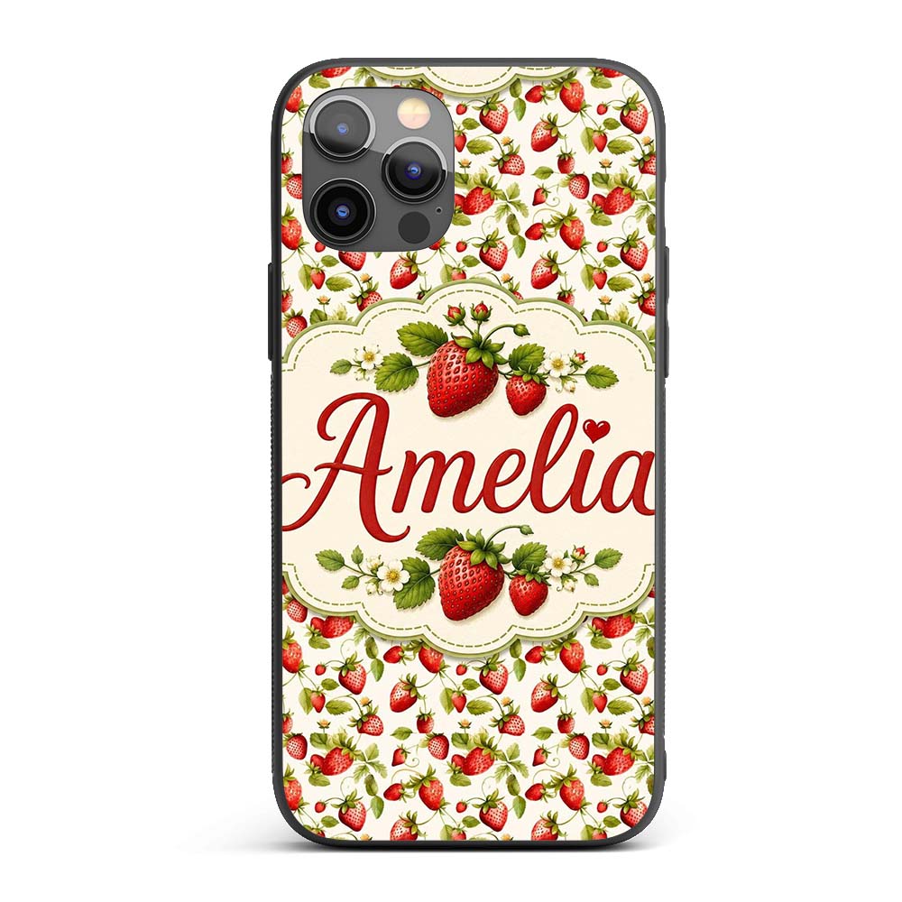 Fresh Strawberries and Green Leaves on Light Custom Name Protective Phone Case Mobile Cover Durable Everyday Smartphone Shock Resistant