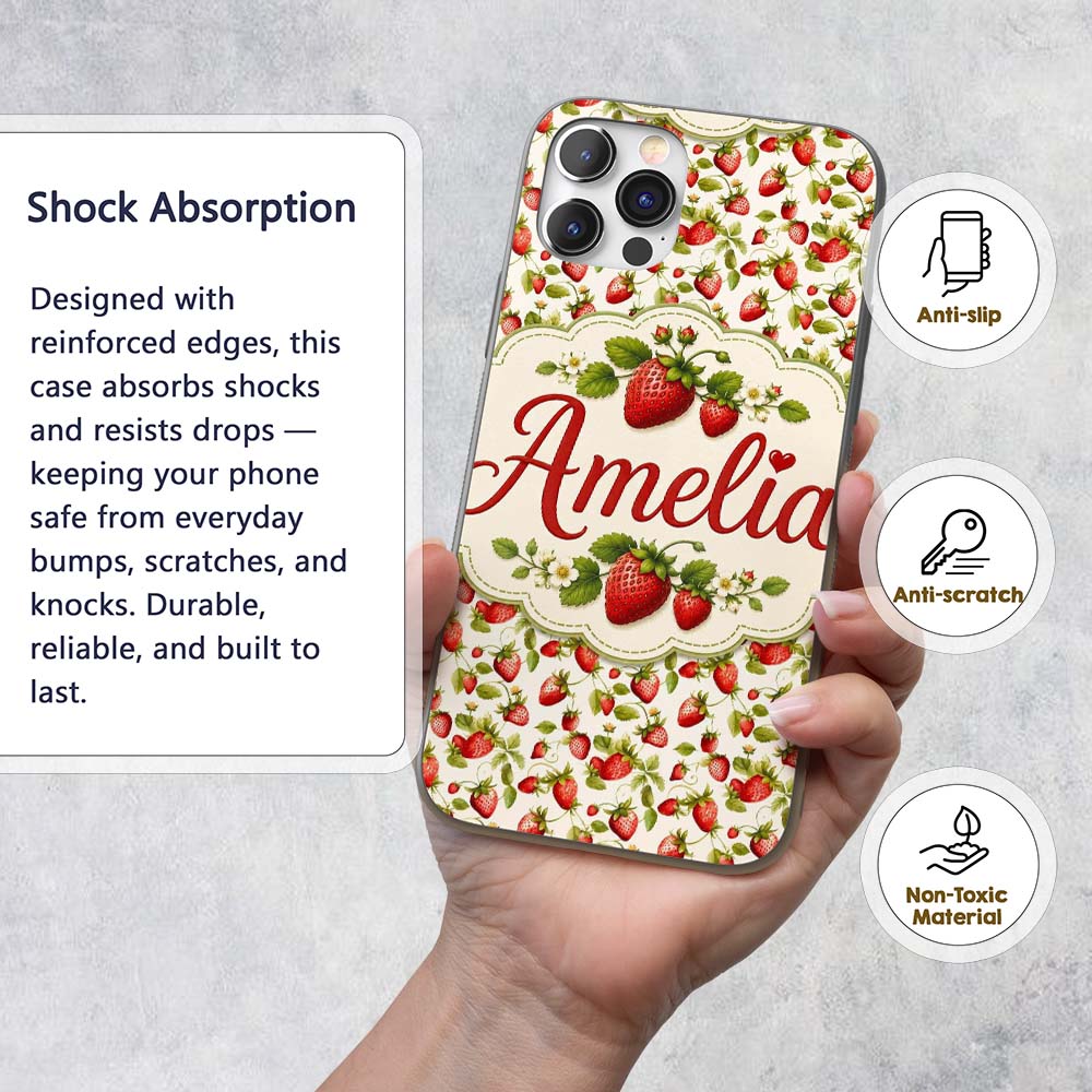 Fresh Strawberries and Green Leaves on Light Custom Name Protective Phone Case Mobile Cover Durable Everyday Smartphone Shock Resistant