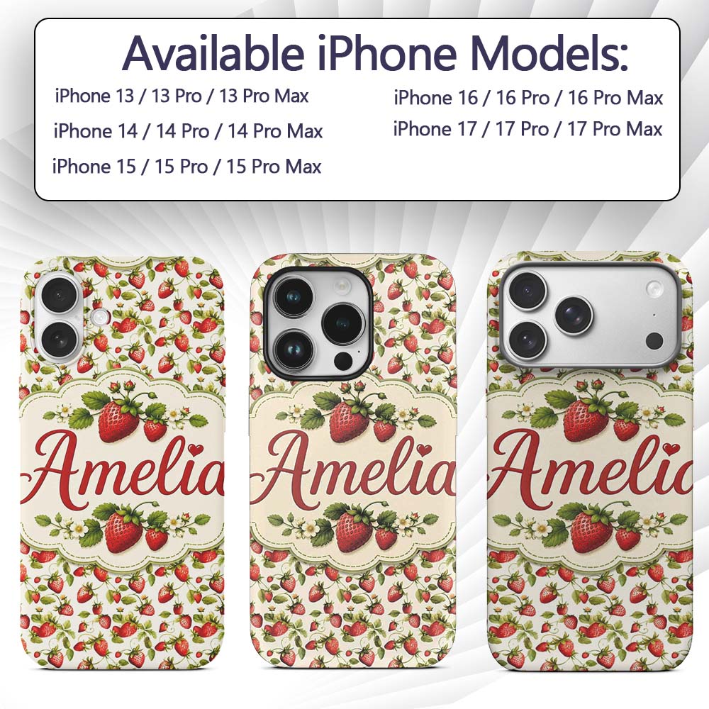 Fresh Strawberries and Green Leaves on Light Custom Name Protective Phone Case Mobile Cover Durable Everyday Smartphone Shock Resistant