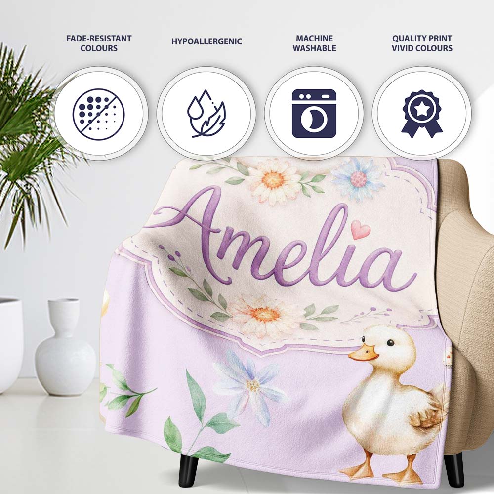 Cute Swan Ducklings Mushrooms and Flowers on Soft Lavender Lovely  Personalised Custom Name Super Soft Fleece Blanket Bed Sofa Throw