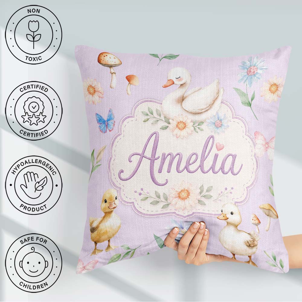 Custom Name Cute Swan Ducklings Mushrooms and on Soft Lavender Square Filled Cushion Throw Pillow Sofa Bed Home Decor Zip Washable UK Made