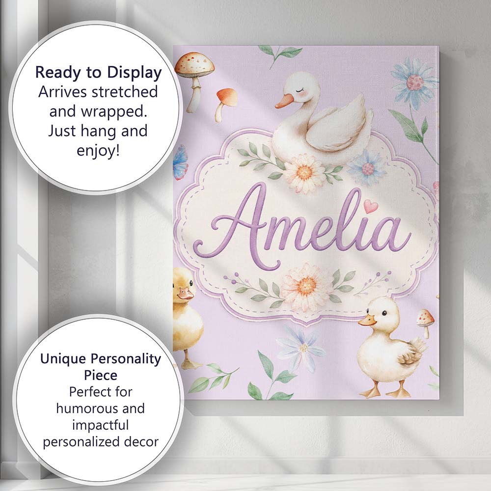 Personalised Name Cute Swan Ducklings Custom Modern Room Accent Creative Decorator Style Canvas Wall Art Print Decor Picture Ready to Hang