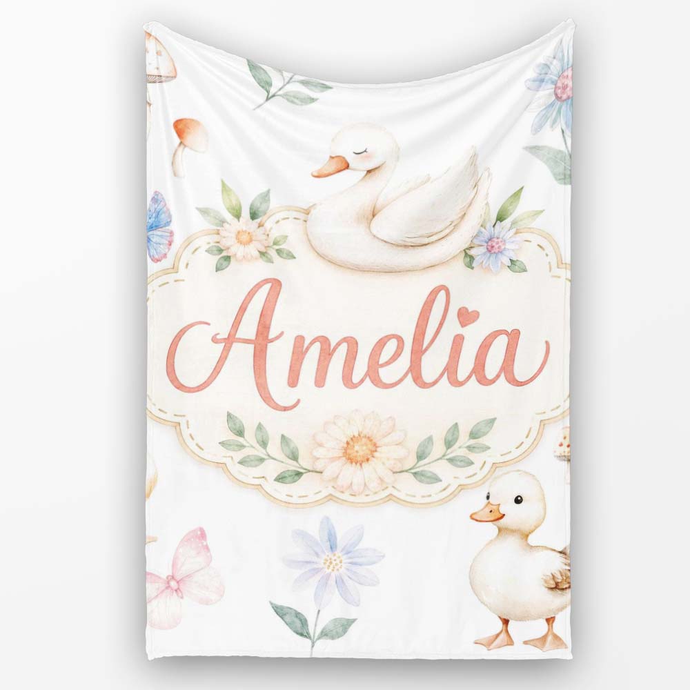 Cute Swan Ducklings Mushrooms and Flowers on Light Background Lovely  Personalised Custom Name Super Soft Fleece Blanket Bed Sofa Throw