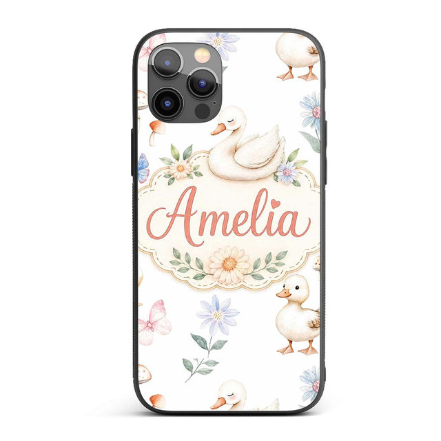 Cute Swan Ducklings Mushrooms and Flowers on Custom Name Protective Phone Case Mobile Cover Durable Everyday Smartphone Shock Resistant