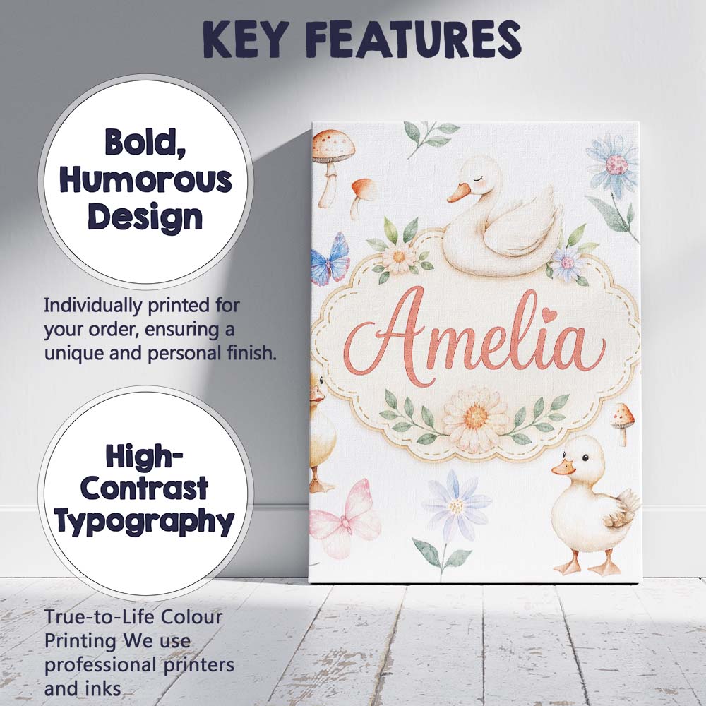 Personalised Name Cute Swan Ducklings Custom Modern Room Accent Creative Decorator Style Canvas Wall Art Print Decor Picture Ready to Hang