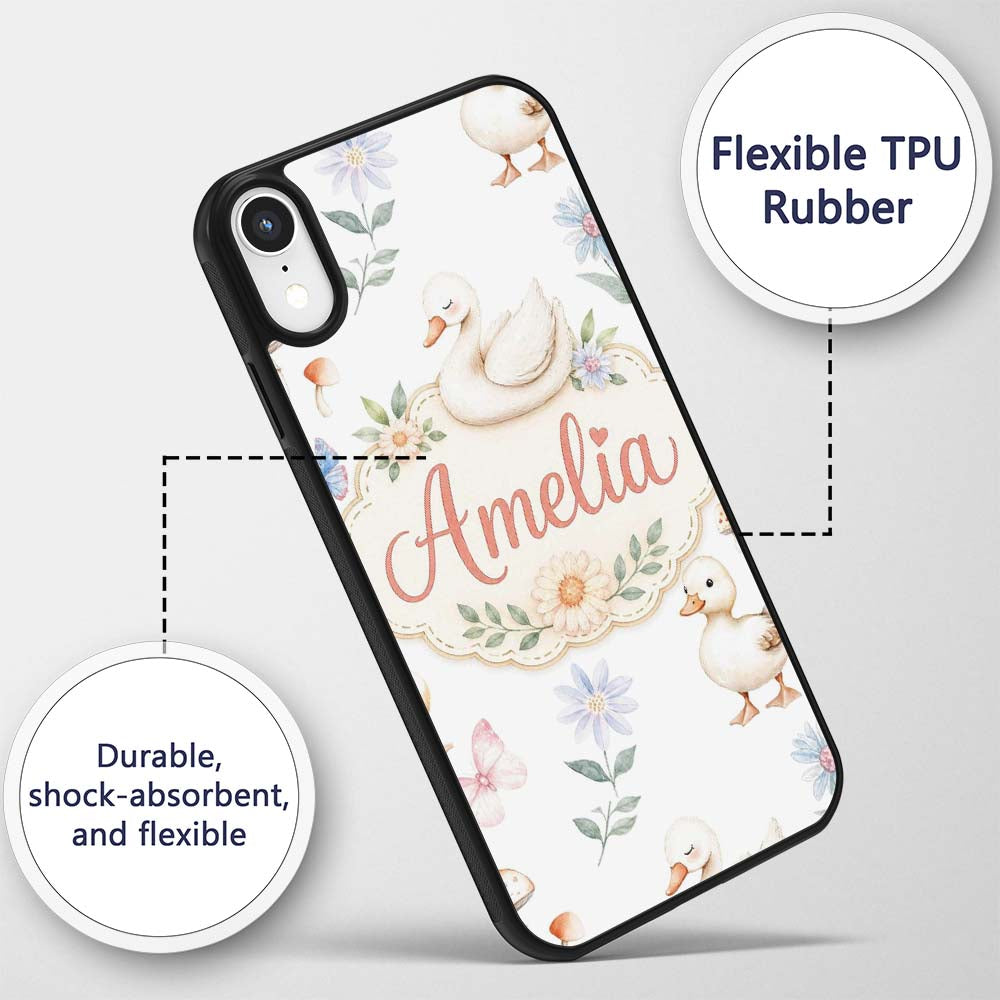 Cute Swan Ducklings Mushrooms and Flowers on Custom Name Protective Phone Case Mobile Cover Durable Everyday Smartphone Shock Resistant