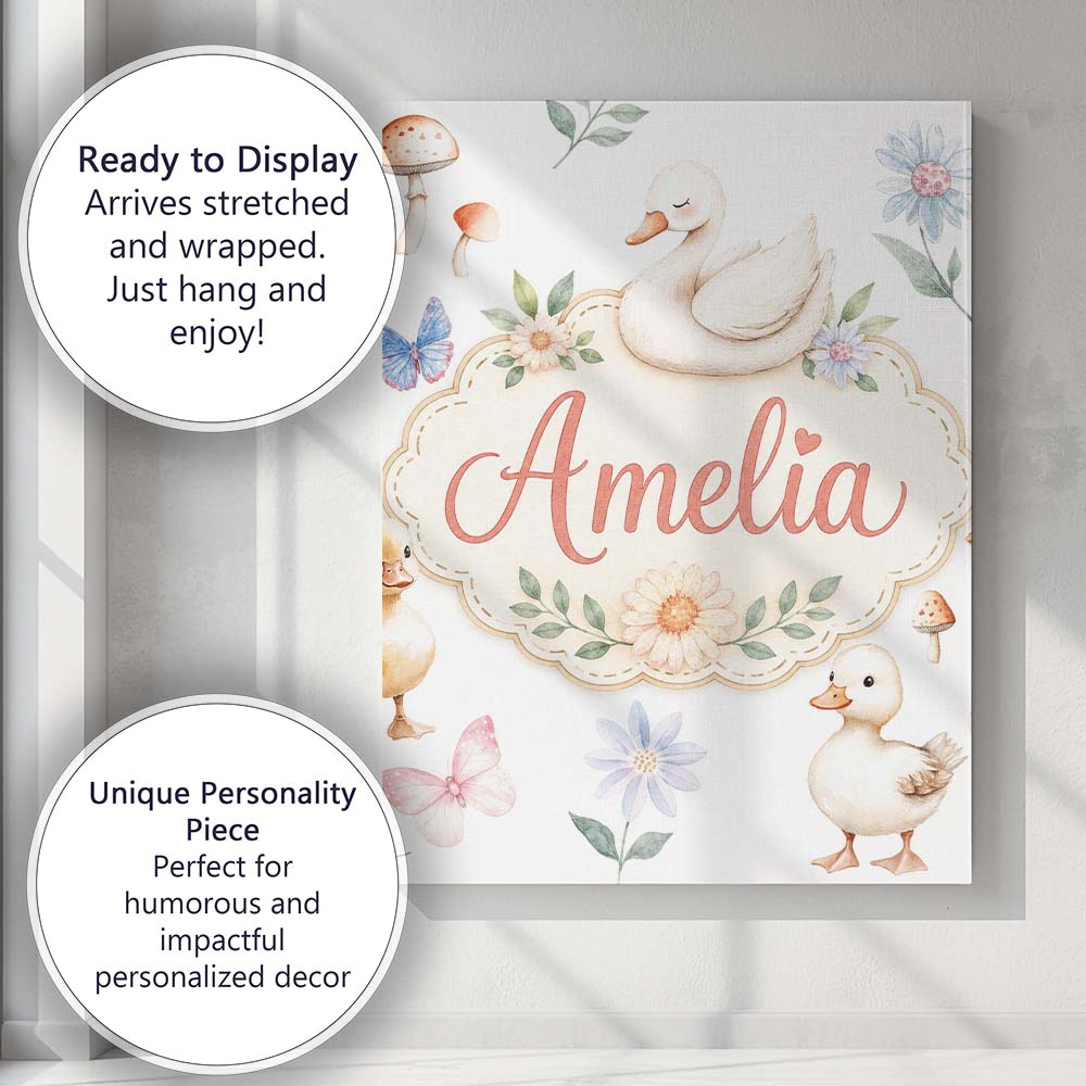 Personalised Name Cute Swan Ducklings Custom Modern Room Accent Creative Decorator Style Canvas Wall Art Print Decor Picture Ready to Hang