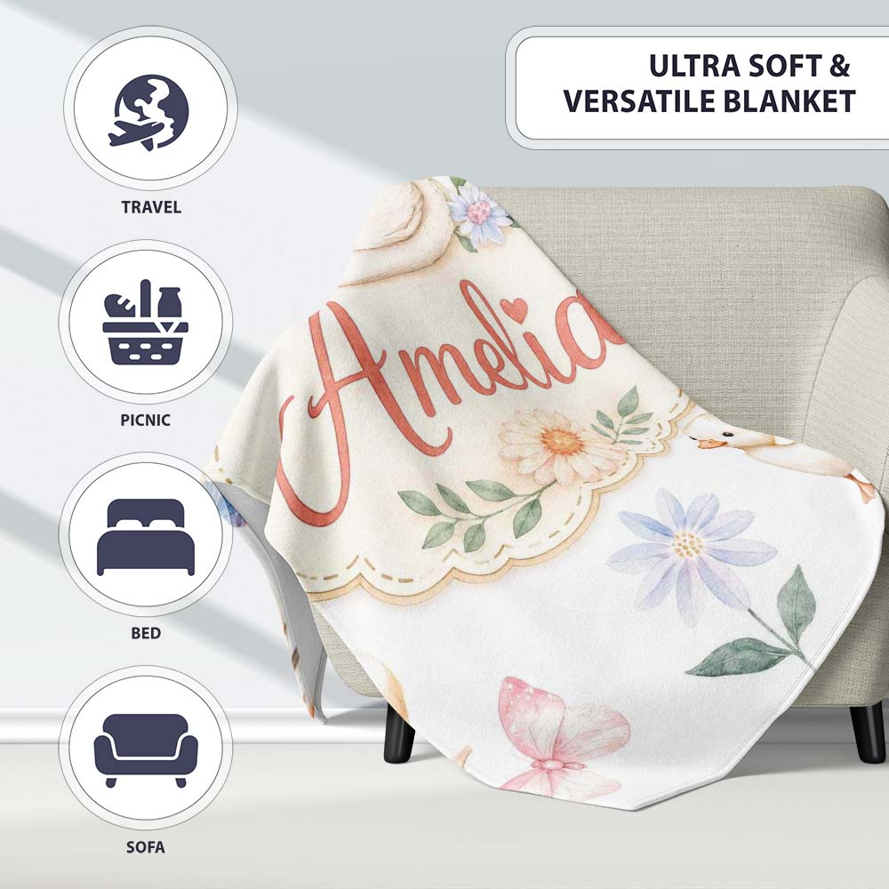 Cute Swan Ducklings Mushrooms and Flowers on Light Background Lovely  Personalised Custom Name Super Soft Fleece Blanket Bed Sofa Throw