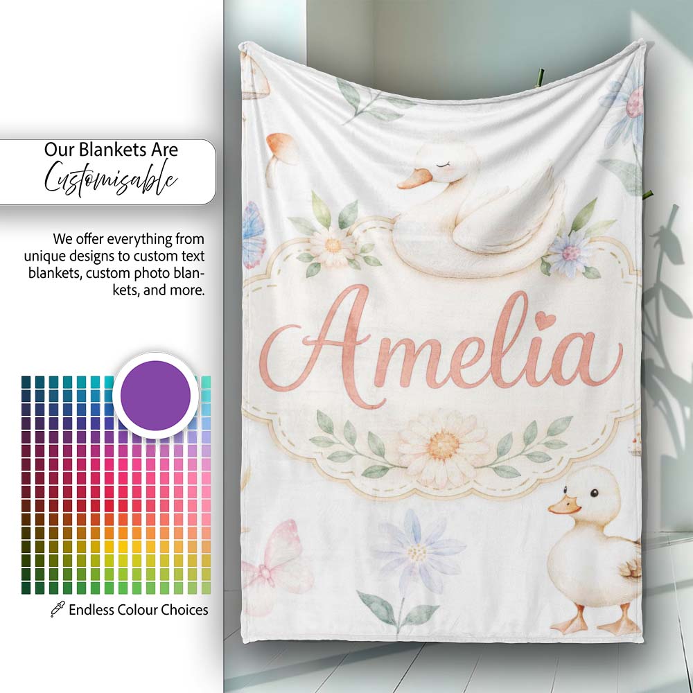Cute Swan Ducklings Mushrooms and Flowers on Light Background Lovely  Personalised Custom Name Super Soft Fleece Blanket Bed Sofa Throw