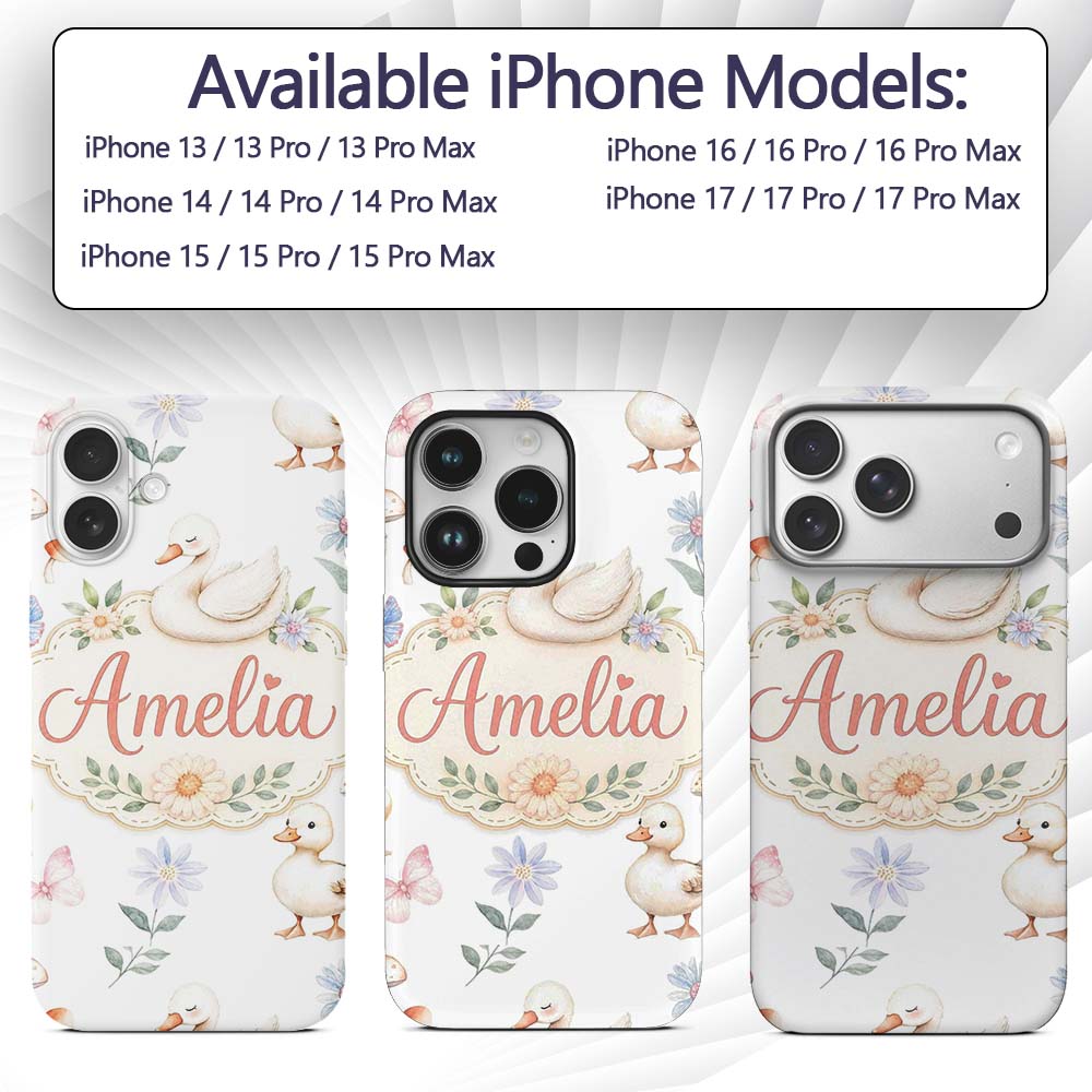 Cute Swan Ducklings Mushrooms and Flowers on Custom Name Protective Phone Case Mobile Cover Durable Everyday Smartphone Shock Resistant