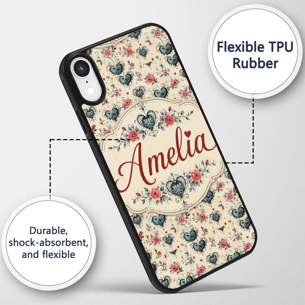 Vintage Hearts and Roses Floral Romantic on Beige Custom Name Protective Phone Case Mobile Cover Durable Everyday Smartphone Shock Resistant