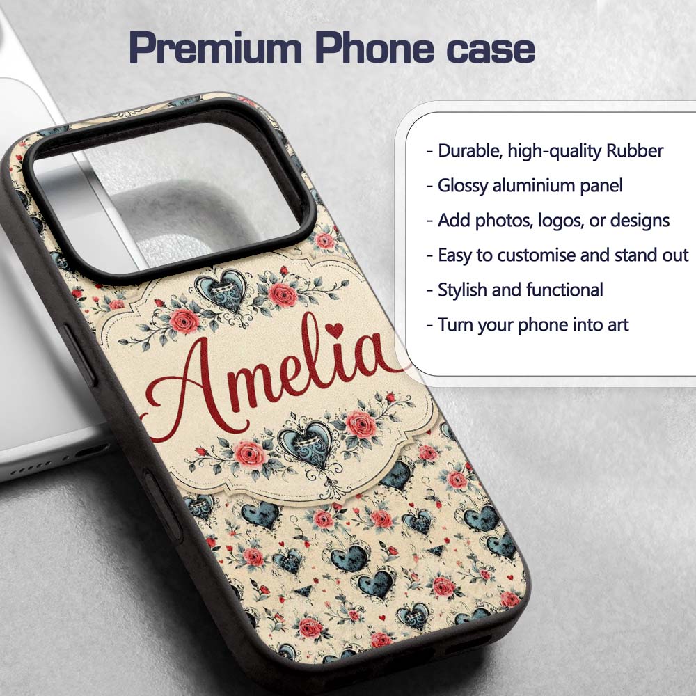 Vintage Hearts and Roses Floral Romantic on Beige Custom Name Protective Phone Case Mobile Cover Durable Everyday Smartphone Shock Resistant
