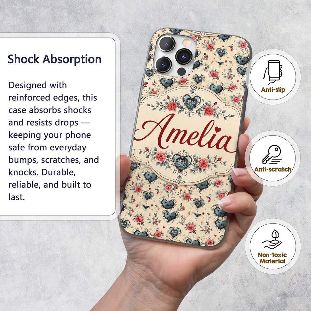 Vintage Hearts and Roses Floral Romantic on Beige Custom Name Protective Phone Case Mobile Cover Durable Everyday Smartphone Shock Resistant