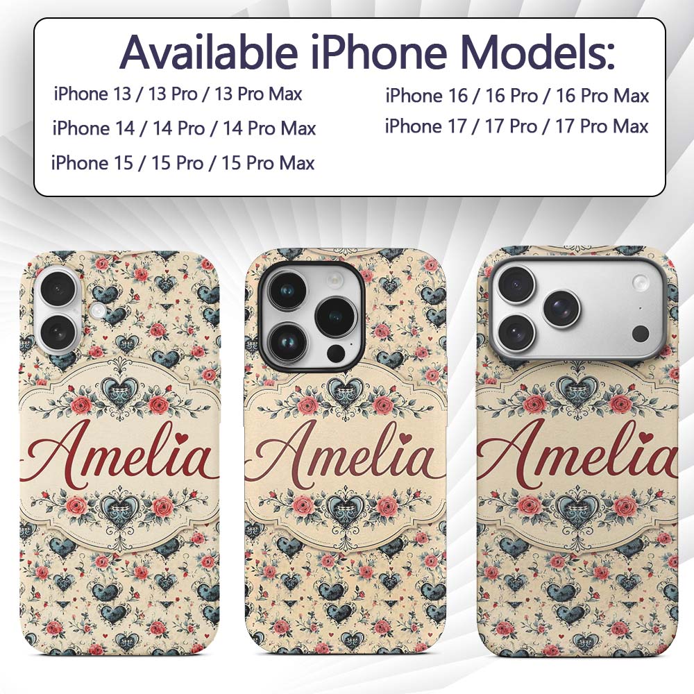 Vintage Hearts and Roses Floral Romantic on Beige Custom Name Protective Phone Case Mobile Cover Durable Everyday Smartphone Shock Resistant