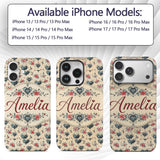 Vintage Hearts and Roses Floral Romantic on Beige Custom Name Protective Phone Case Mobile Cover Durable Everyday Smartphone Shock Resistant