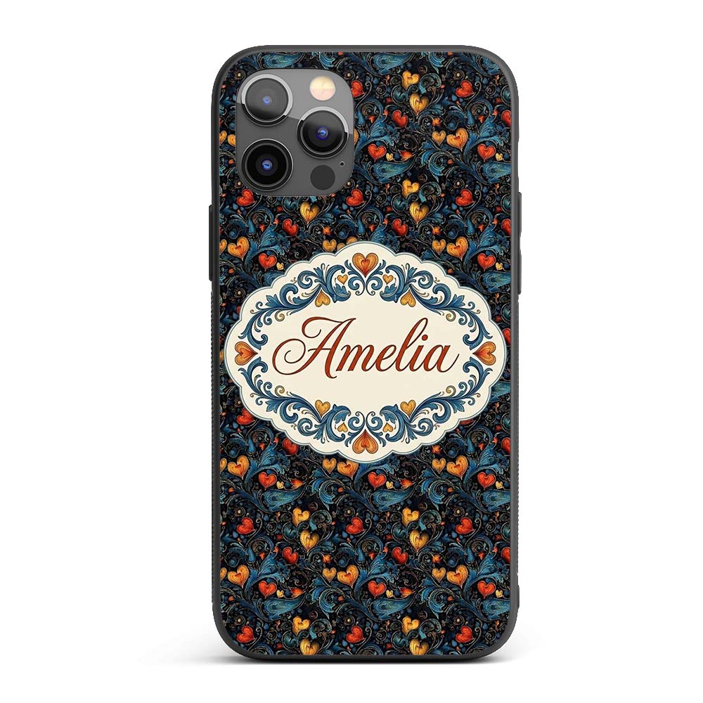 Elegant Dark Floral Hearts Ornamental on Black Custom Name Protective Phone Case Mobile Cover Durable Everyday Smartphone Shock Resistant