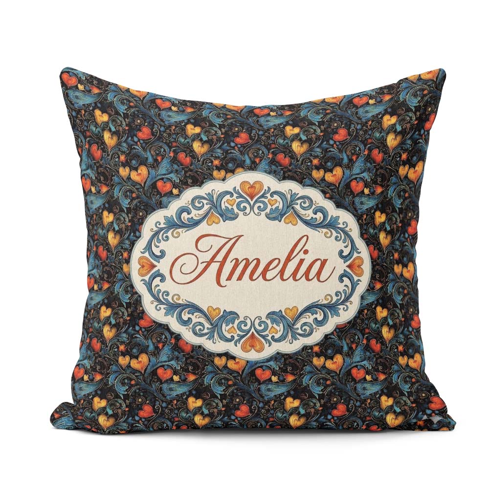 Custom Name Elegant Floral Hearts Ornamental on Black Background Square Filled Cushion Throw Pillow Sofa Bed Home Decor Zip Washable UK Made