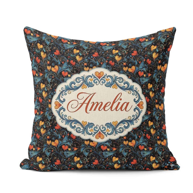 Custom Name Elegant Floral Hearts Ornamental on Black Background Square Filled Cushion Throw Pillow Sofa Bed Home Decor Zip Washable UK Made