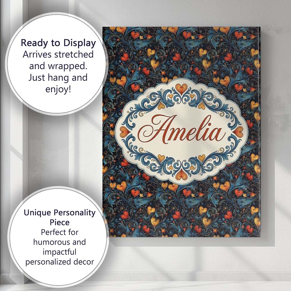 Personalised Name Elegant Dark Floral Custom Modern Room Accent Creative Decorator Style Canvas Wall Art Print Decor Picture Ready to Hang