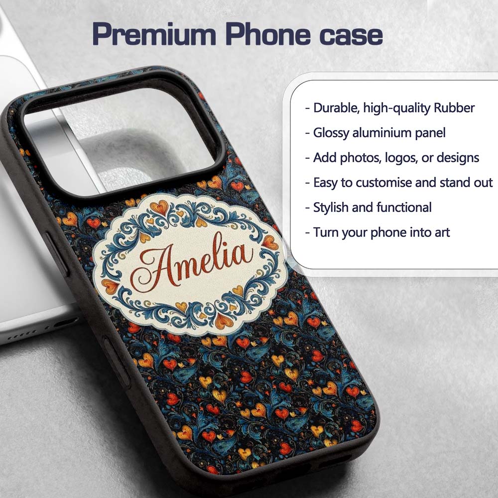 Elegant Dark Floral Hearts Ornamental on Black Custom Name Protective Phone Case Mobile Cover Durable Everyday Smartphone Shock Resistant