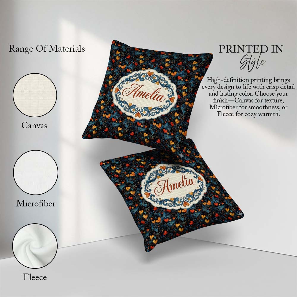Custom Name Elegant Floral Hearts Ornamental on Black Background Square Filled Cushion Throw Pillow Sofa Bed Home Decor Zip Washable UK Made