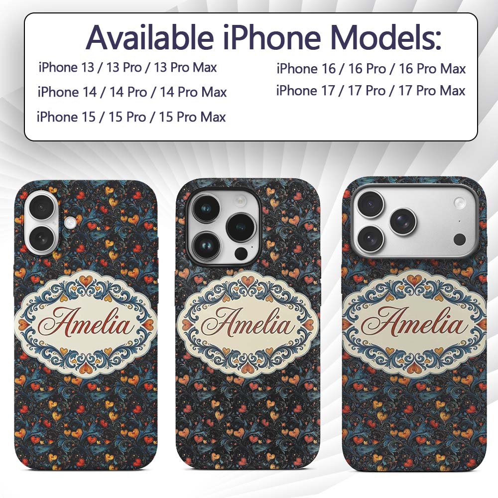 Elegant Dark Floral Hearts Ornamental on Black Custom Name Protective Phone Case Mobile Cover Durable Everyday Smartphone Shock Resistant