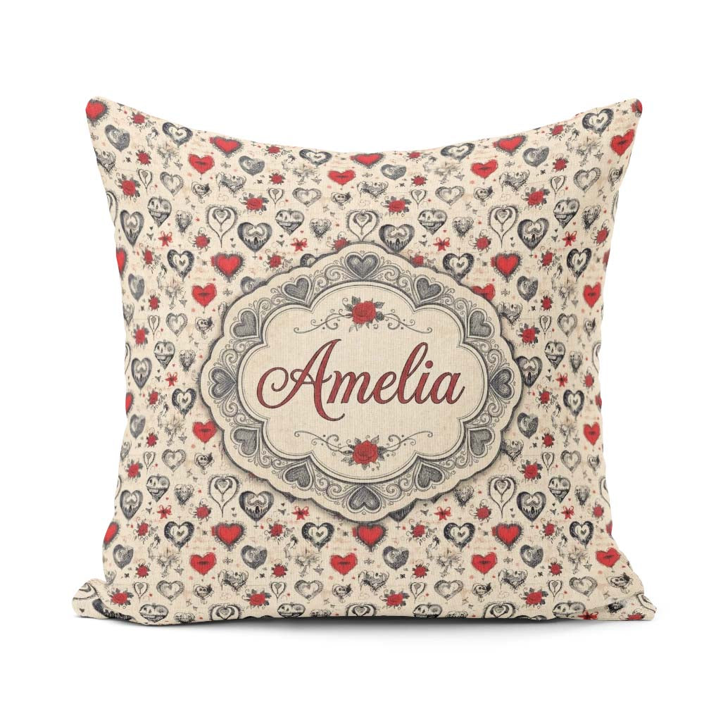 Custom Name Gothic Hearts Skulls and Roses Tattoo Style Seamless Square Filled Cushion Throw Pillow Sofa Bed Home Decor Zip Washable UK Made