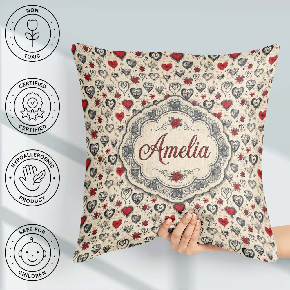 Custom Name Gothic Hearts Skulls and Roses Tattoo Style Seamless Square Filled Cushion Throw Pillow Sofa Bed Home Decor Zip Washable UK Made