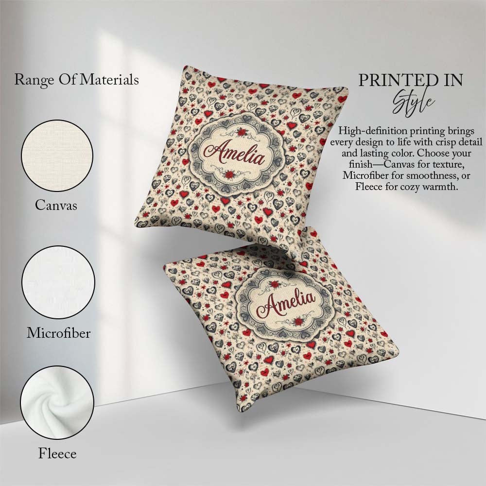 Custom Name Gothic Hearts Skulls and Roses Tattoo Style Seamless Square Filled Cushion Throw Pillow Sofa Bed Home Decor Zip Washable UK Made