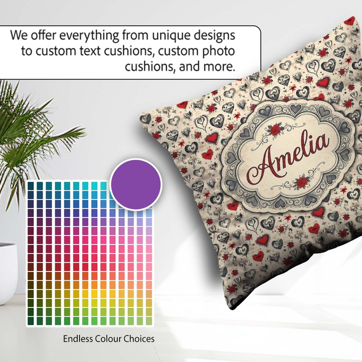 Custom Name Gothic Hearts Skulls and Roses Tattoo Style Seamless Square Filled Cushion Throw Pillow Sofa Bed Home Decor Zip Washable UK Made