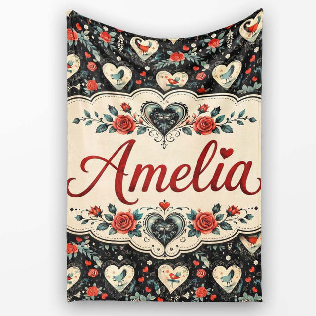 Cute Birds Hearts and Roses on Black Background Romantic Seamless  Personalised Custom Name Super Soft Fleece Blanket Bed Sofa Throw