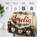 Cute Birds Hearts and Roses on Black Background Romantic Seamless  Personalised Custom Name Super Soft Fleece Blanket Bed Sofa Throw