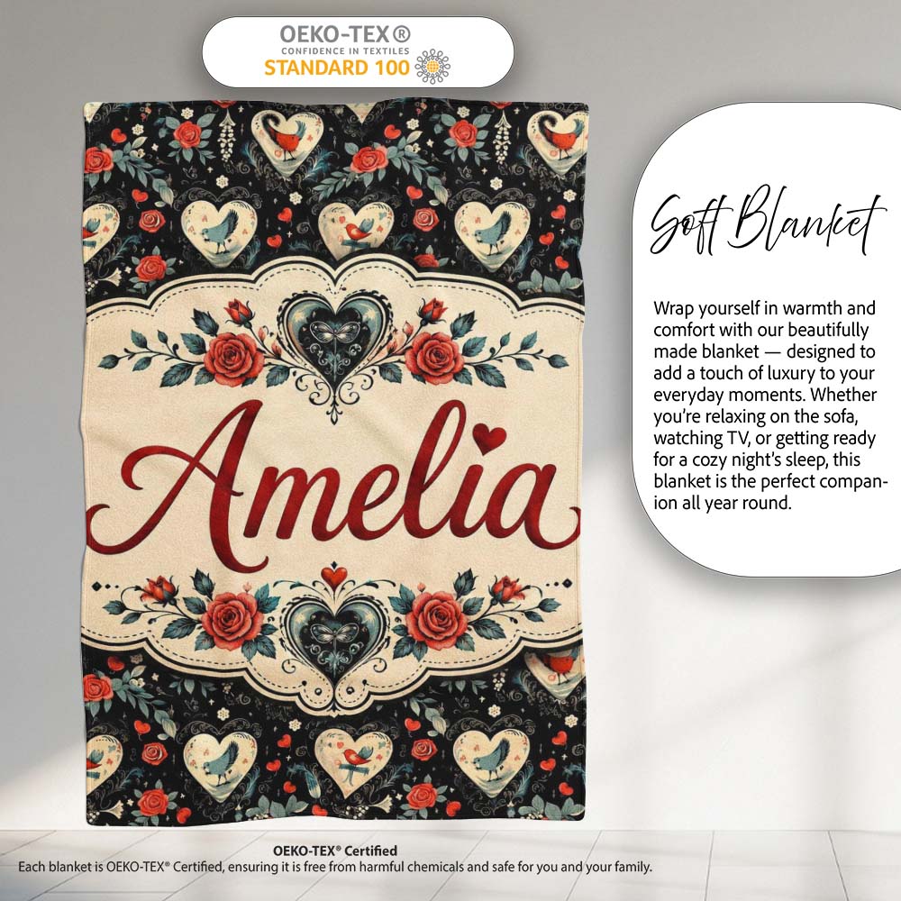 Cute Birds Hearts and Roses on Black Background Romantic Seamless  Personalised Custom Name Super Soft Fleece Blanket Bed Sofa Throw