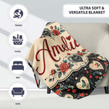 Cute Birds Hearts and Roses on Black Background Romantic Seamless  Personalised Custom Name Super Soft Fleece Blanket Bed Sofa Throw