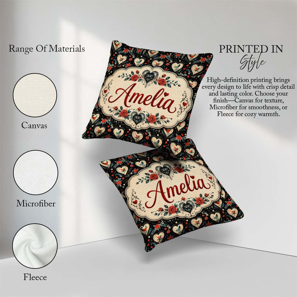 Custom Name Birds Hearts and Roses on Black Background Romantic Square Filled Cushion Throw Pillow Sofa Bed Home Decor Zip Washable UK Made